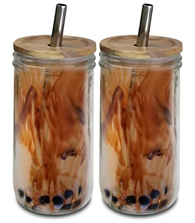 brimley 20oz Glass Boba Bubble Tea Cup with Acacia Lid (2-Pack)