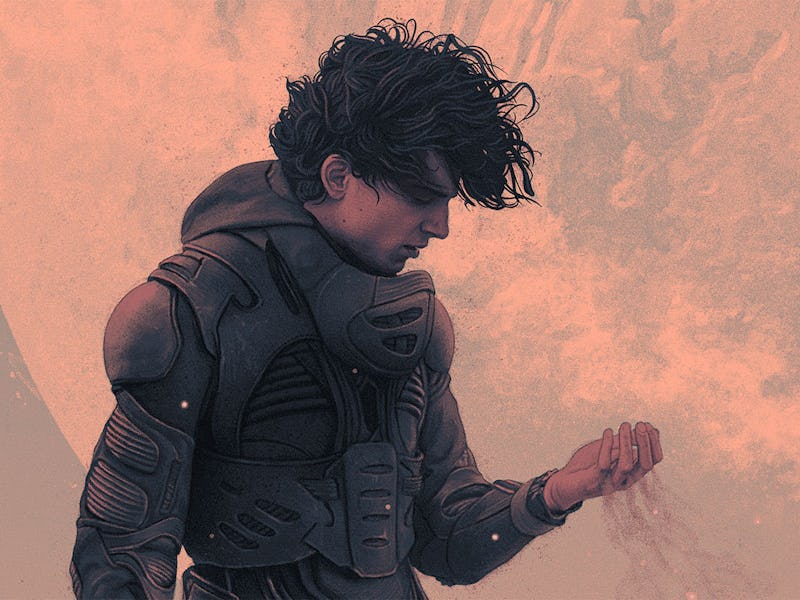 A detail from a Dune poster by Rory Kurtz, featuring Paul in a stillsuit, holding sand.