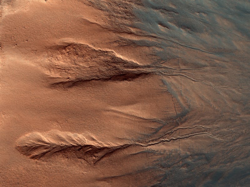 gullies on mars which appear as deep, narrow cuts on the surface sloping down