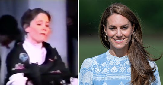 A picture of Kate Middleton at 11 as Eliza Doolittle beside a picture of Kate Middleton present day.