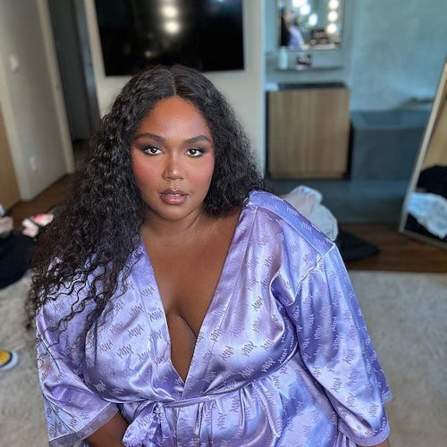 Lizzo long curly hair and purple robe