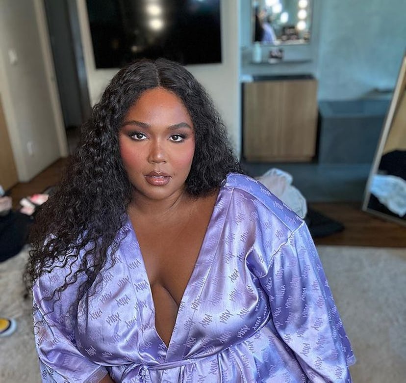 Lizzo long curly hair and purple robe