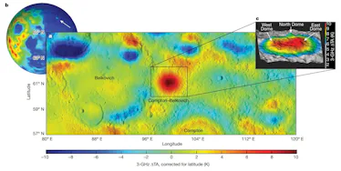 Three diagrams present different perspectives about the granite's location on the Moon. A sphere rep...