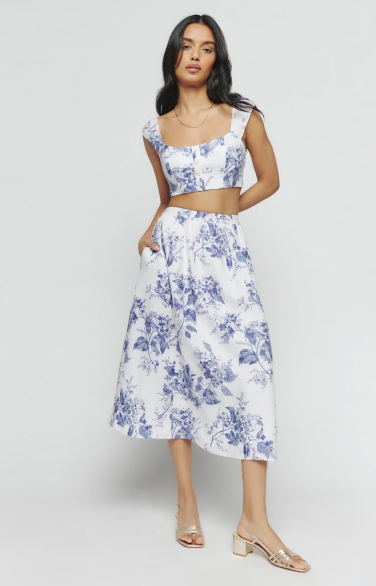blue and white two piece linen