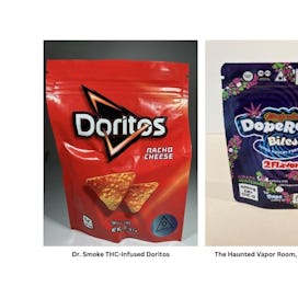 Images of three Delta-8 products that mimick kids products: Delta-8 laced Doritos, Nerd-Rope like ca...