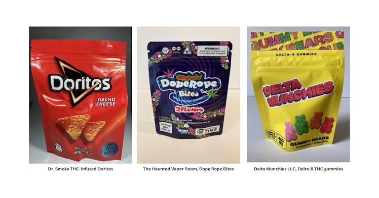 Images of three Delta-8 products that mimick kids products: Delta-8 laced Doritos, Nerd-Rope like ca...