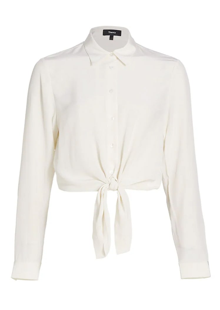 white self-tie buttoned shirt