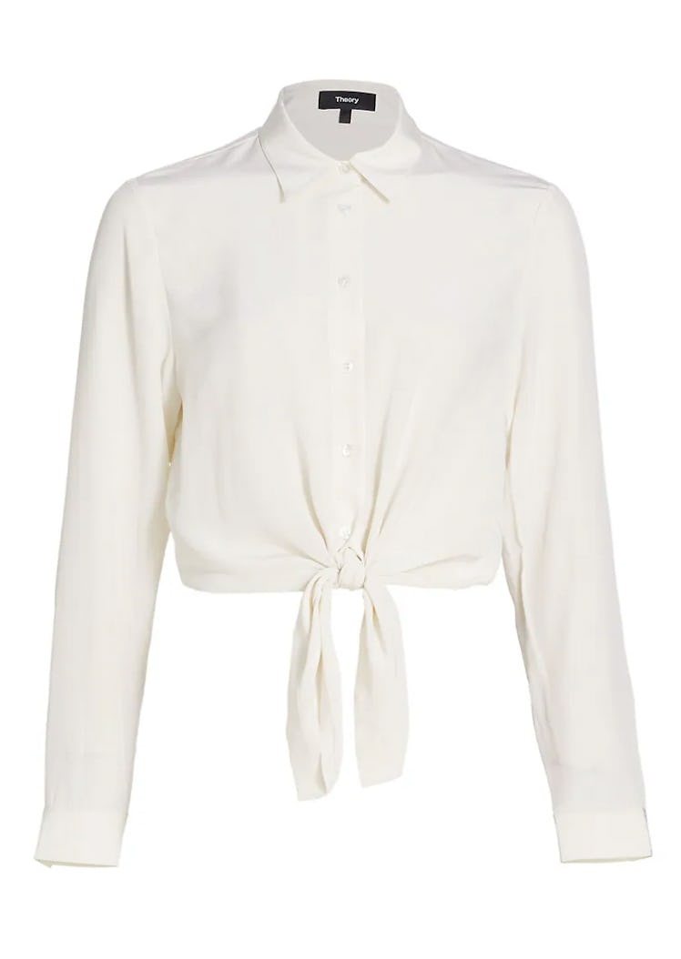 white self-tie buttoned shirt