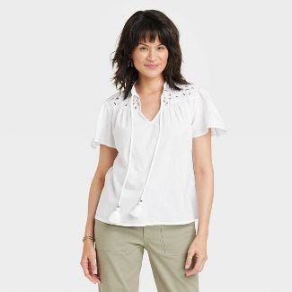 Short Sleeve V-Neck Woven Eyelet Top