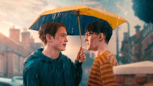 Heartstopper opening scene of nick holding umbrella for charlie