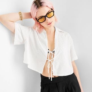 Short Sleeve Linen Collared Tie-Front Shirt