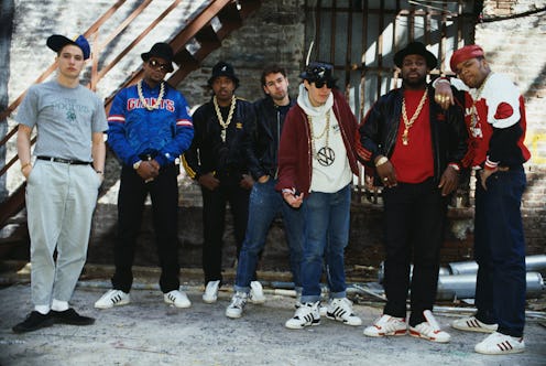 Portrait of members of American Rap groups Beastie Boys and Run-DMC, 1987.