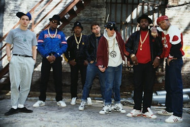 Portrait of members of American Rap groups Beastie Boys and Run-DMC, 1987. 
