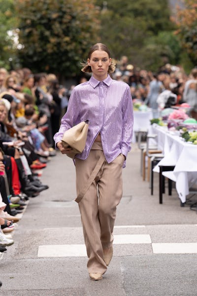 A model walks the runway at the Stine Goya show during the Copenhagen Fashion Week Spring/Summer 202...