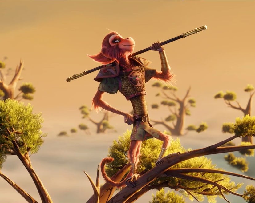 The Monkey King stands majestically in a tree.