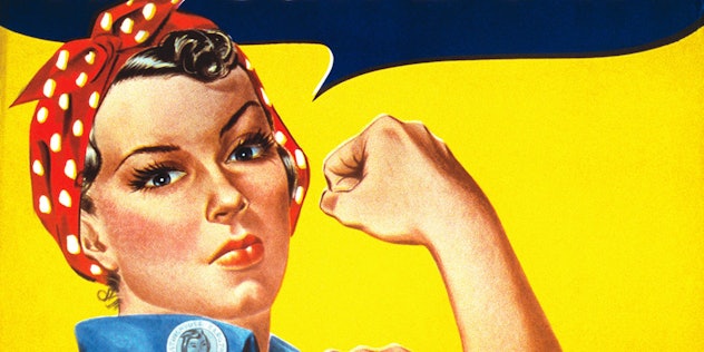 Rosie the Riveter flexing her arm muscles, wearing a red bandana and a blue collared shirt with a ye...