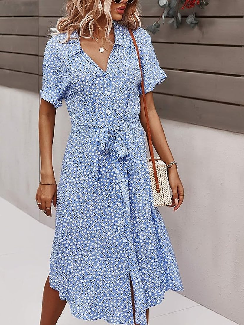 SHIBEVER Floral Button-Up Short Sleeve Midi Dress