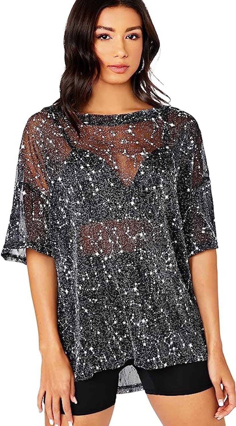 WDIRARA Glitter Sheer Mesh Blouse