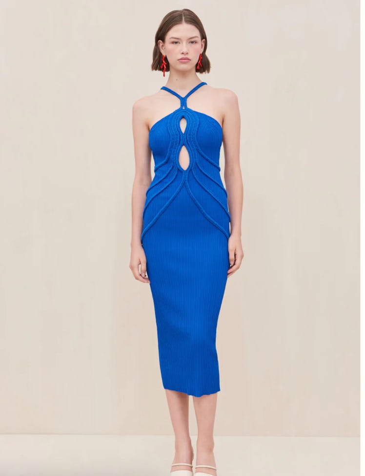 blue halter neck dress
