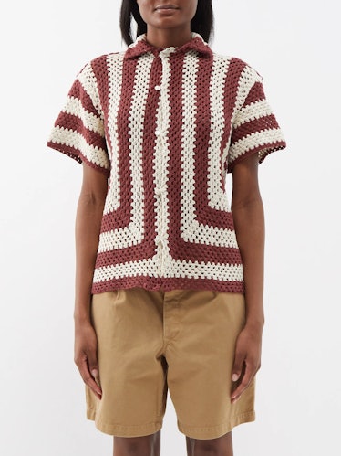 Crocheted Striped Cotton Short-Sleeved Shirt
