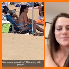A mom happened upon a video of herself at the beach, topless, breastfeeding her child with a shaming...