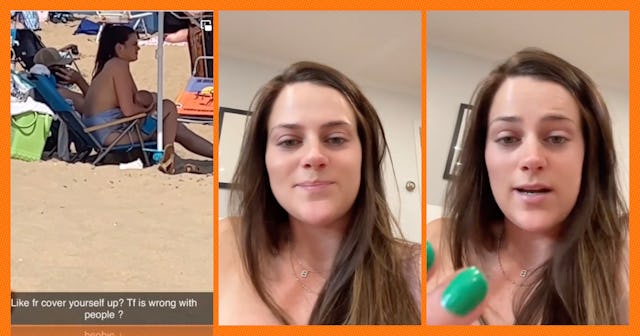 A mom happened upon a video of herself at the beach, topless, breastfeeding her child with a shaming...