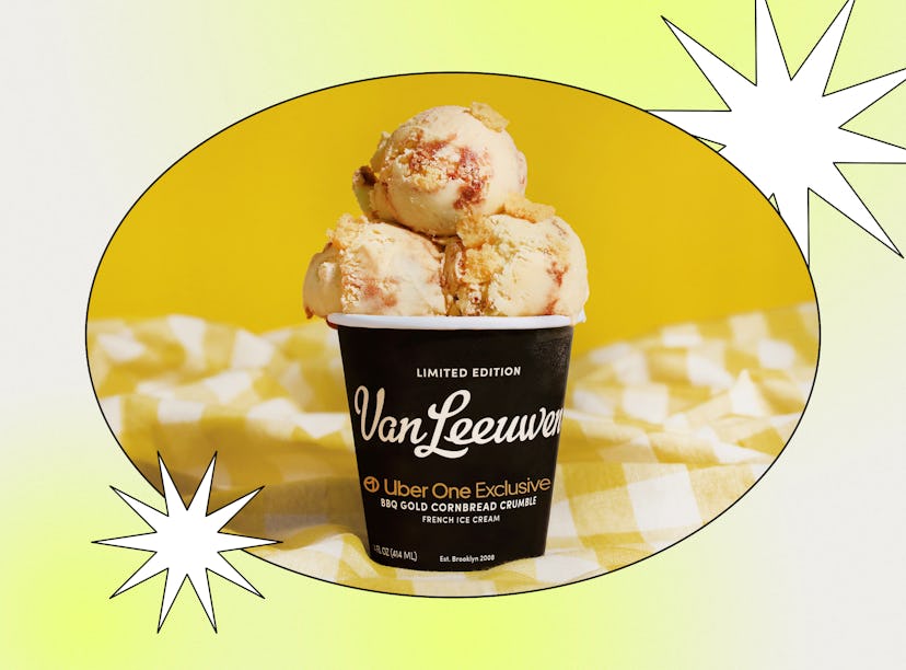 The Van Leeuwen and Uber One BBQ Cornbread Crumble ice cream is available with barbecue swirls.