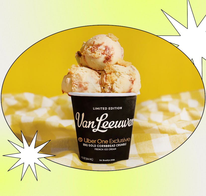 The Van Leeuwen and Uber One BBQ Cornbread Crumble ice cream is available with barbecue swirls.