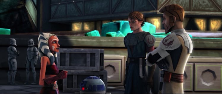 Ahsoka Tano meets Anakin and Obi-Wan for the first time in Star Wars: The Clone Wars.