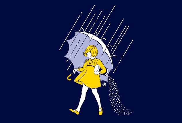 easy halloween costume idea for moms: Morton Salt girl in a yellow rain jacket and holding an umbrel...