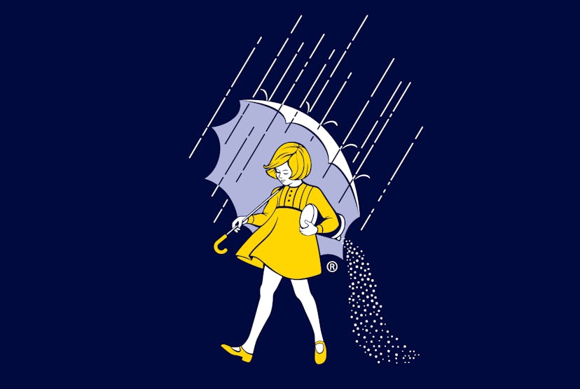 easy halloween costume idea for moms: Morton Salt girl in a yellow rain jacket and holding an umbrel...