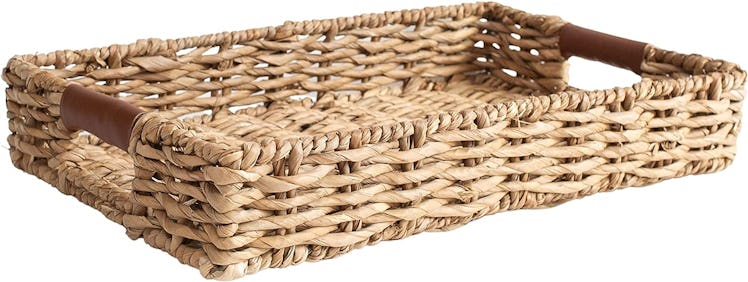 Summit Living Rattan Serving Tray + Leather Handles