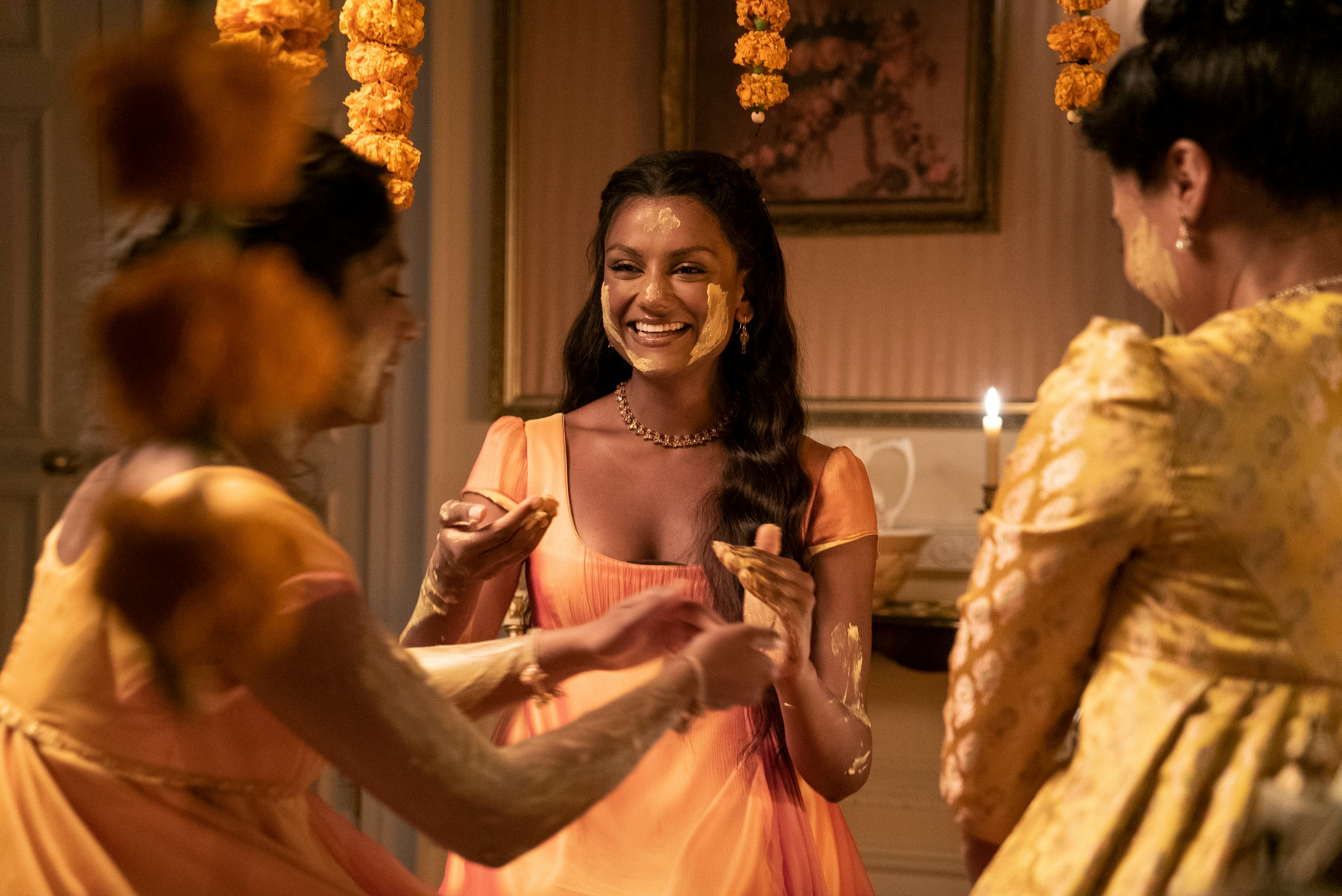 Charithra Chandran, Simone Ashley, and Shelley Conn on &lsquo;Bridgerton.&rsquo; Photo via Netflix