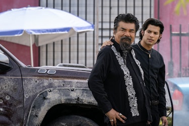 George Lopez as Rudy Reyes and Xolo Maridueña as Jaime Reyes in 'Blue Beetle'