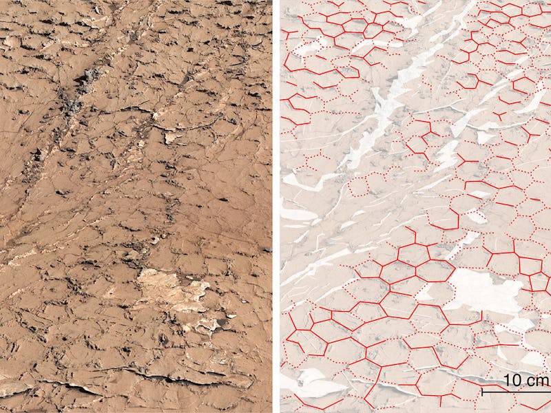 A close-up of an image taken by Curiosity’s Mastcam reveals hexagonal patterns, which are outlined i...