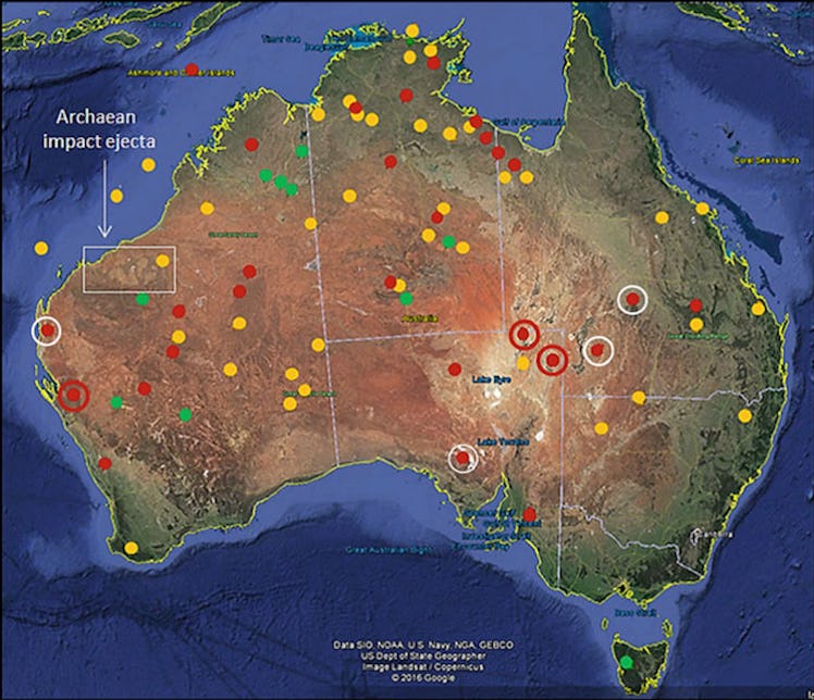 map of australia color coded with several dots. 
