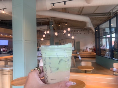 A photo of the Starbucks’ iced chai latte with matcha cream cold foam, which I reviewed after its la...