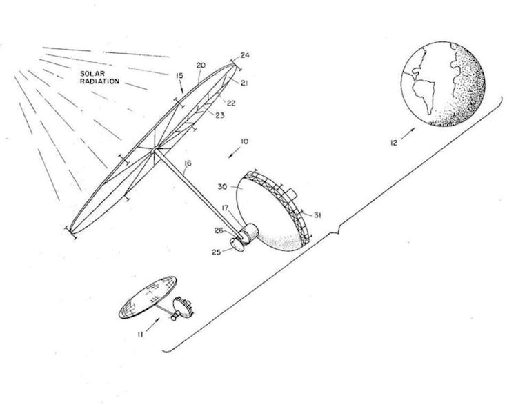 a line drawing of a large circular solar panel attached like an umbrella to a beam projector pointed...