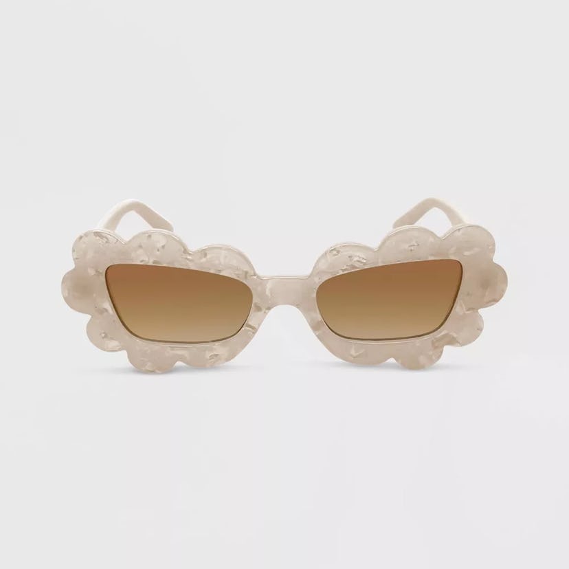  Women's Solid Plastic Novelty Marbleized Cateye Sunglasses in Ivory
