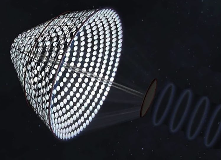 a large conical shaped array with a rod at the end beaming energy down