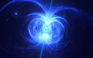 image of a blue star surrounded by bright blue magnetic field lines on a black background
