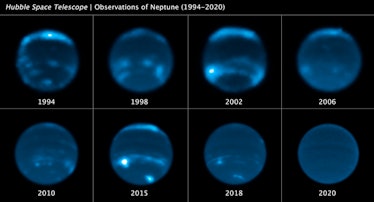 Eight orbs with changing bands of bright regions are Neptune across time. Versions of Neptune with b...