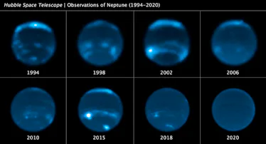 Eight orbs with changing bands of bright regions are Neptune across time. Versions of Neptune with b...