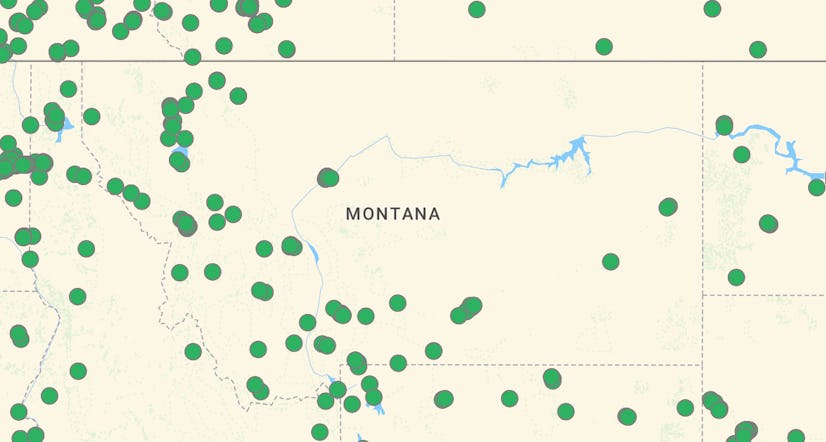 Alternative Fuels Data Center map showing the EV charging stations in Montana
