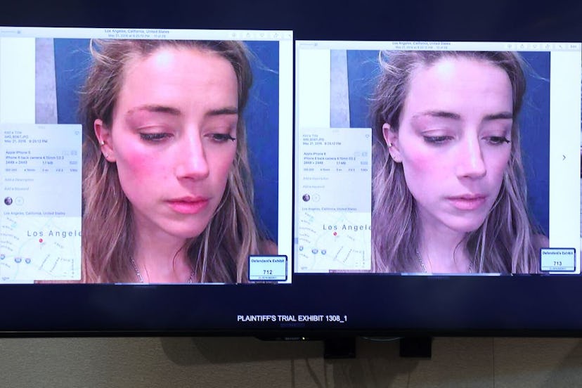 An evidence photo of Amber Heard appears on a screen at the Fairfax County Circuit Courthouse in Fai...