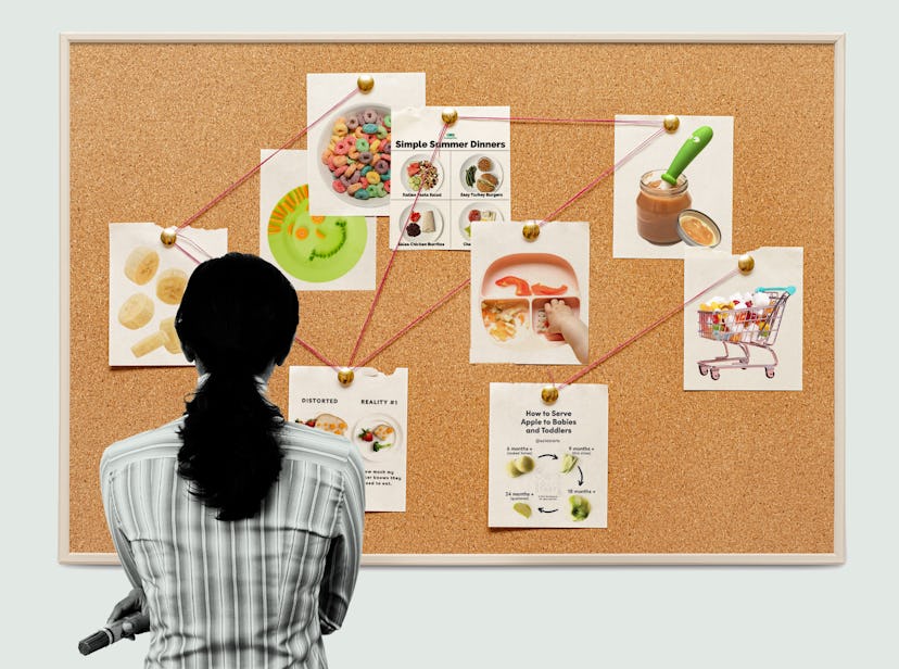 Mom staring at a Homeland-style bulletin board when trying to decide what to feed her baby