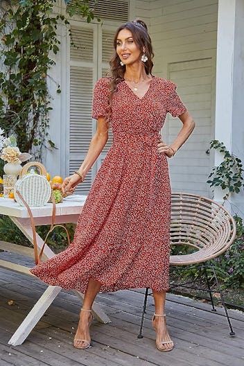 PRETTYGARDEN V Neck Short Sleeve Ruffle Hem Dress