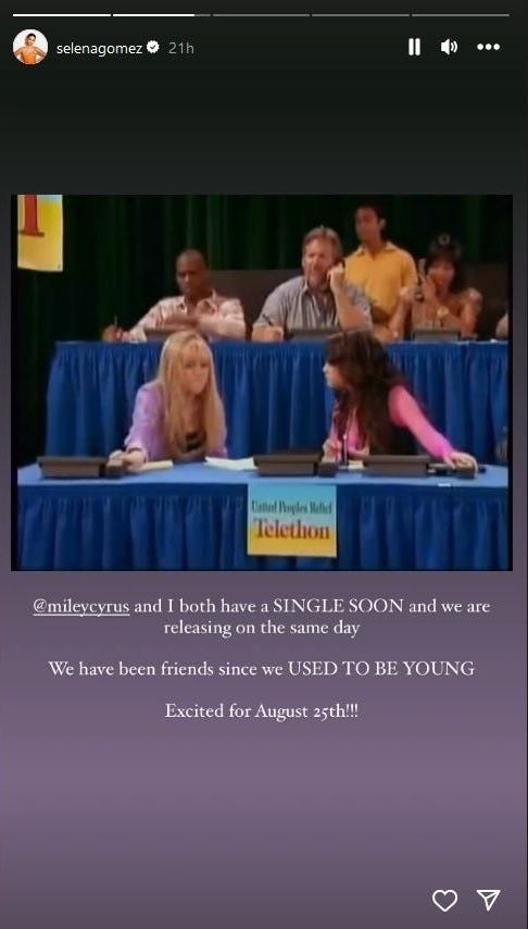 Selena Gomez hypes &ldquo;Single Soon&rdquo; and Miley Cyrus' &ldquo;Used to Be Young&rdquo; in an Instagram story.