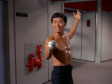 George Takei as Sulu in 'Star Trek' with a sword.