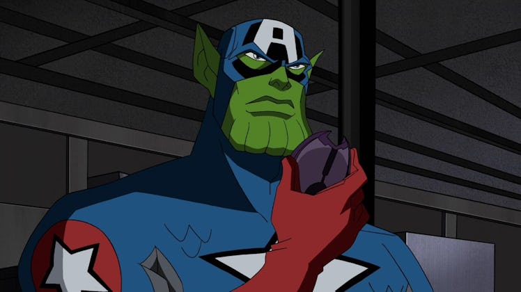 Captain America has to deal with his identity being stolen by a Skrull in Earth’s Mightiest Heroes. 